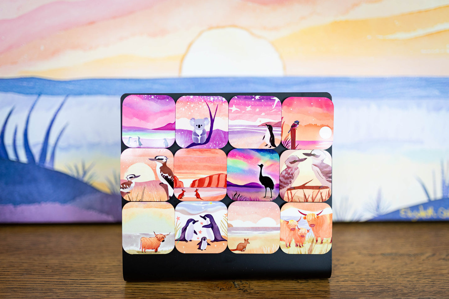 Twinkling Sunset Penguins: wooden magnet