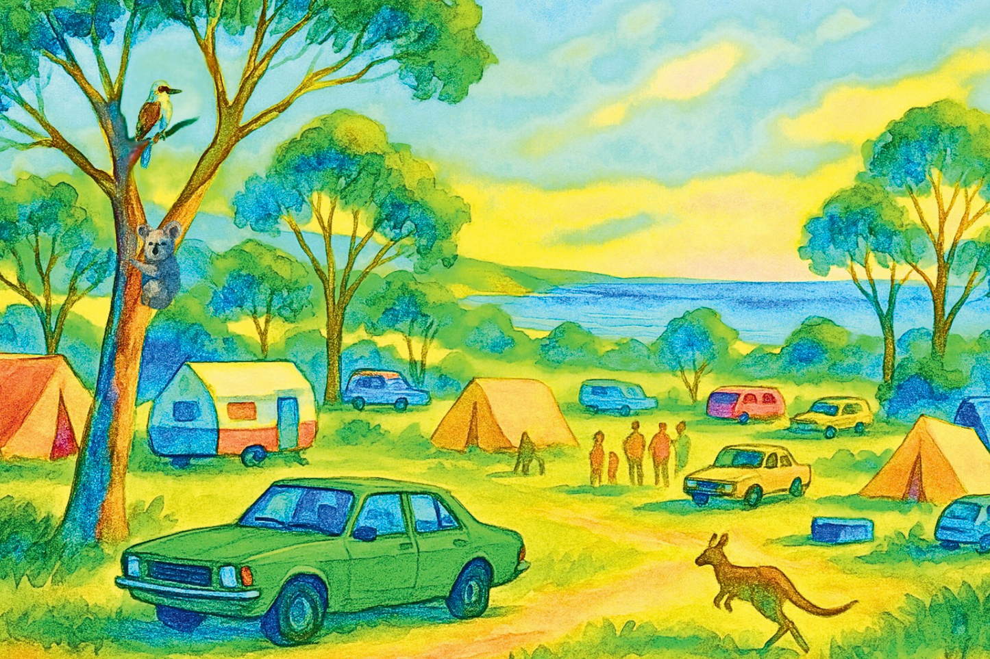 Phillip Island Art Card: Camping & Toranas (1980s)