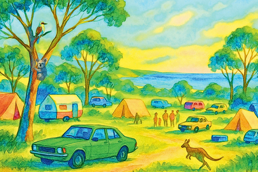 Phillip Island Art Card: Camping & Toranas (1980s)
