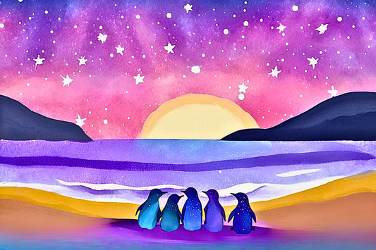 Twinkling Sunset Penguins: Glass Art Paperweight