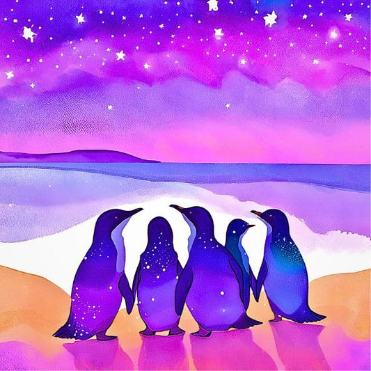 Starry Night Beach Penguins: wooden magnet